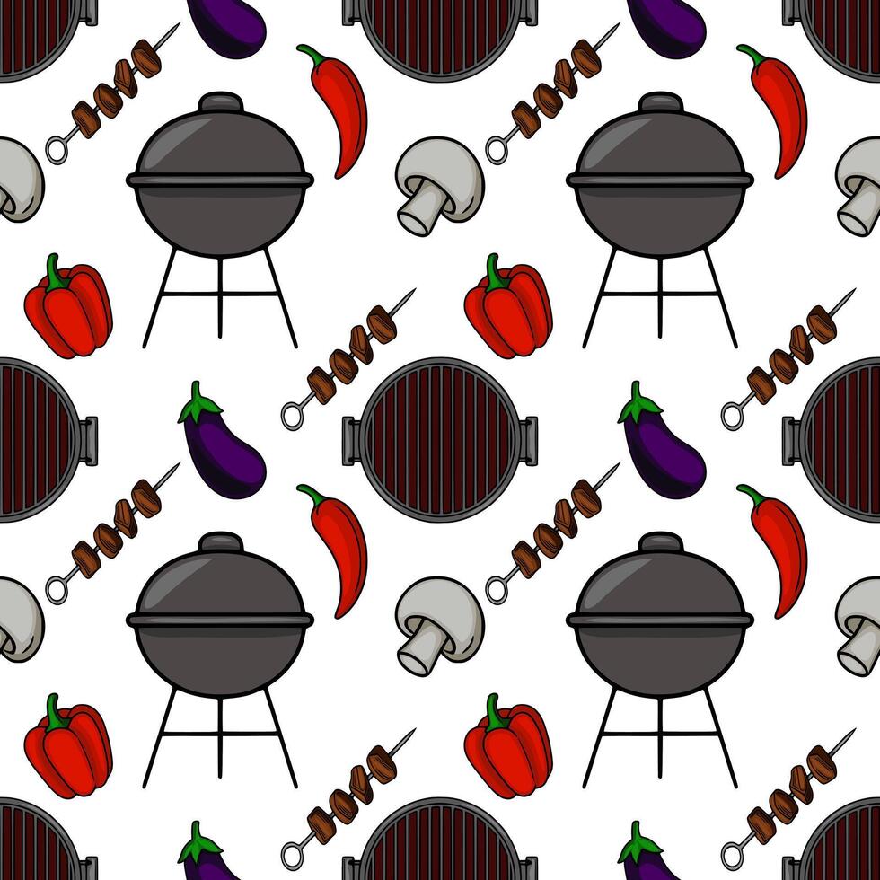 Seamless pattern of a summer BBQ grill with vegetables and meat skewers, perfect for food blogs, restaurant menus, or summerthemed designs. vector