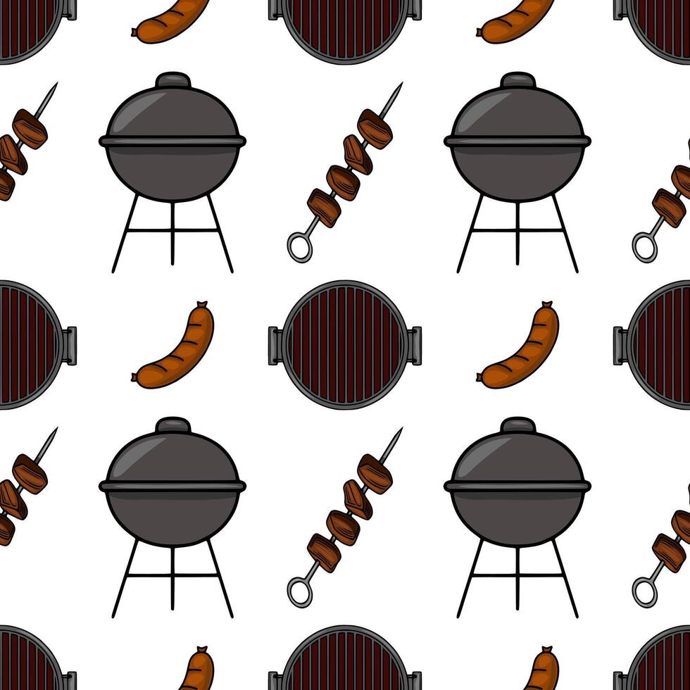 Seamless pattern featuring a cheerful BBQ illustration with charcoal grills, sausages, and skewers of meat, perfect for summerthemed designs. vector