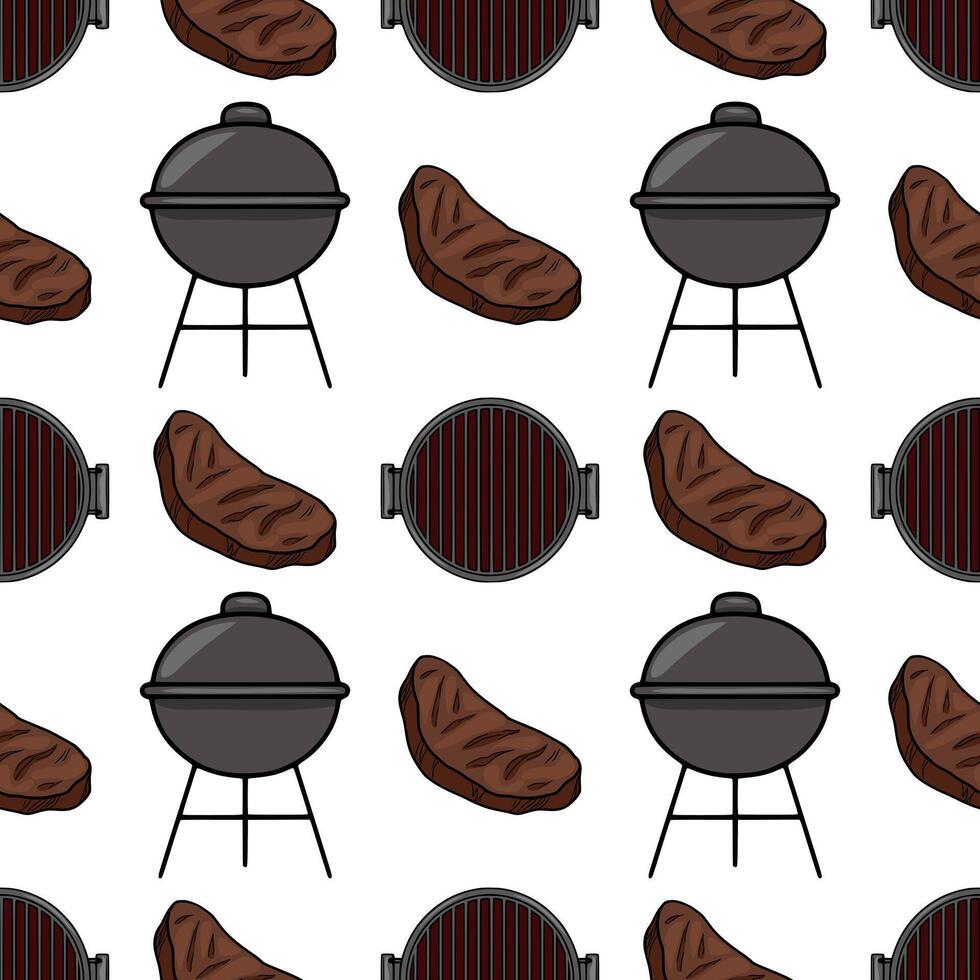 Seamless pattern of handdrawn grilled steaks and charcoal grills, featuring a unique cartoon style with dark brown steaks and gray metal grills against a white background, ideal for BBQthe... vector
