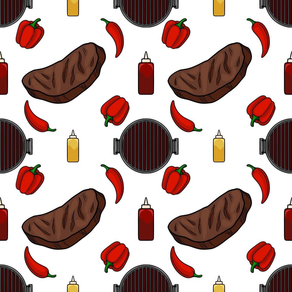 Seamless pattern of grilled steak, red bell peppers, chili peppers, grill and sauces on white background, perfect for BBQ menu design or summer food packaging. vector