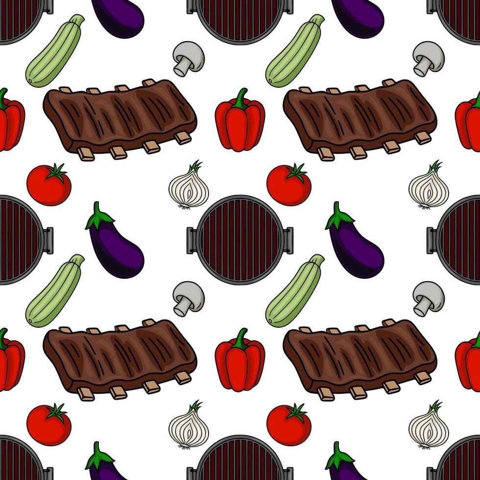Seamless pattern featuring delicious grilled ribs, vibrant vegetables, and grill elements, creating a lively and appetizing design perfect for foodrelated projects. vector
