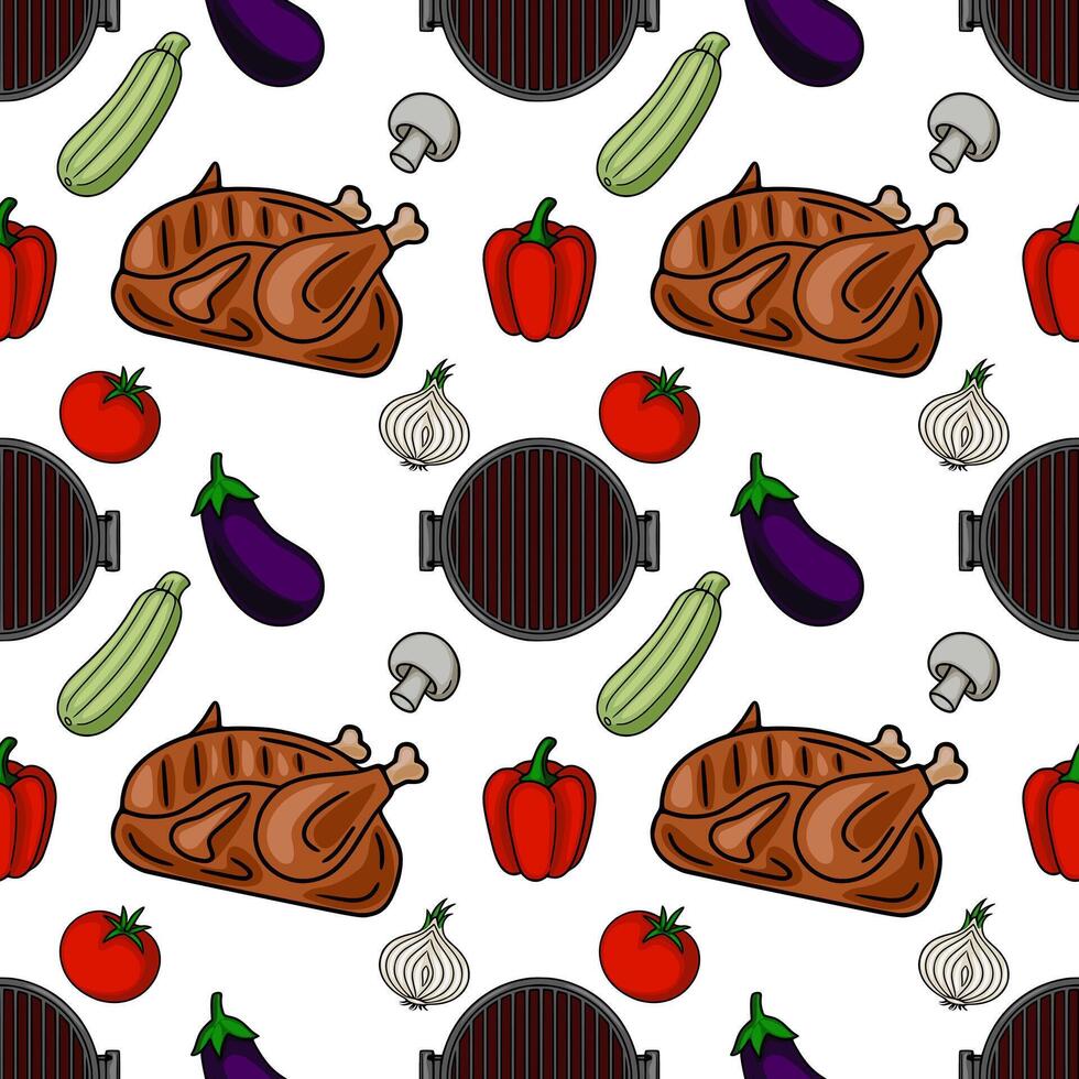 Seamless pattern of roasted chicken, vegetables and grill on white background, perfect for kitchen textile or wrapping paper design. vector