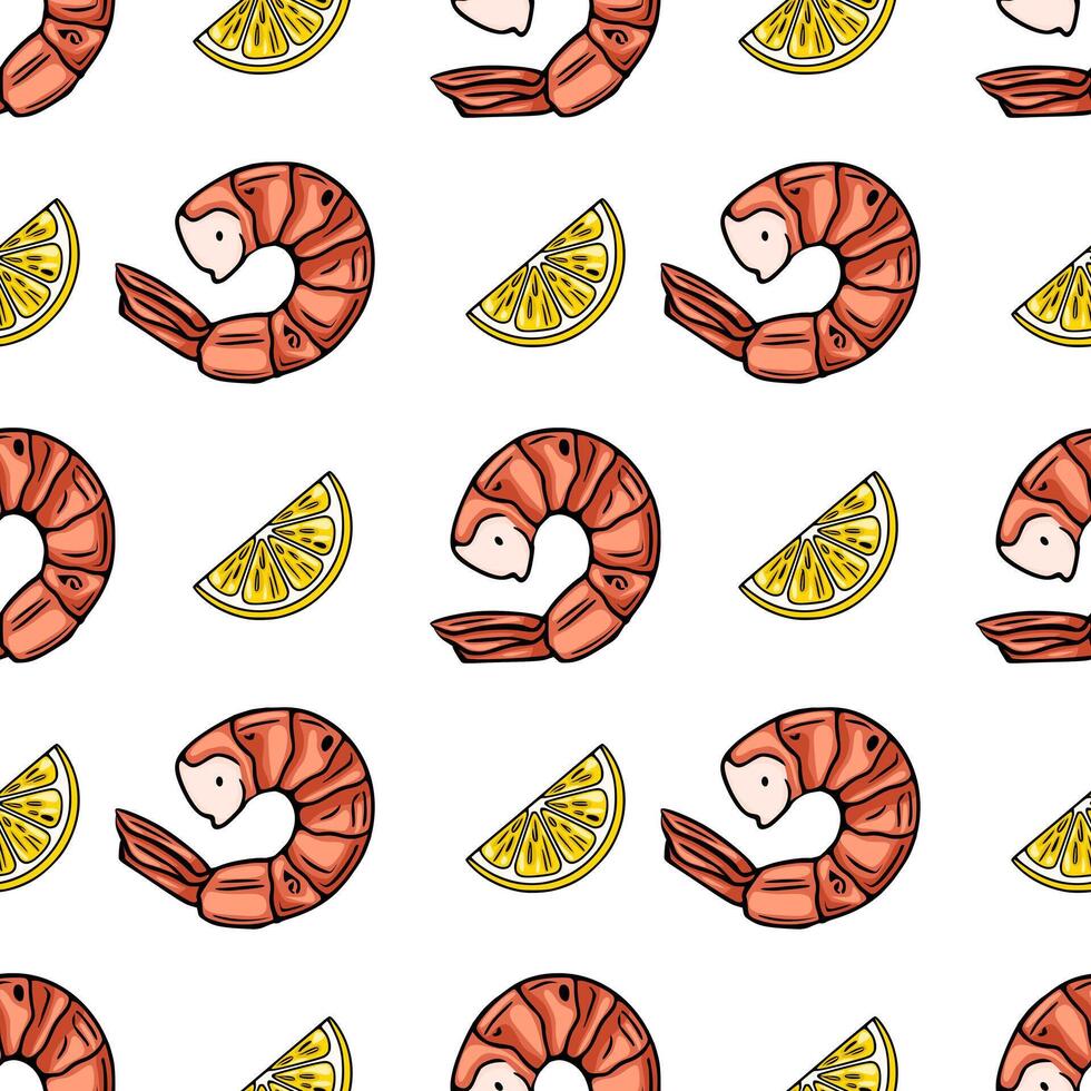Seamless pattern of grilled shrimps and lemon slices, handdrawn in a vibrant, cartoon style, perfect for food packaging or summerthemed designs. vector