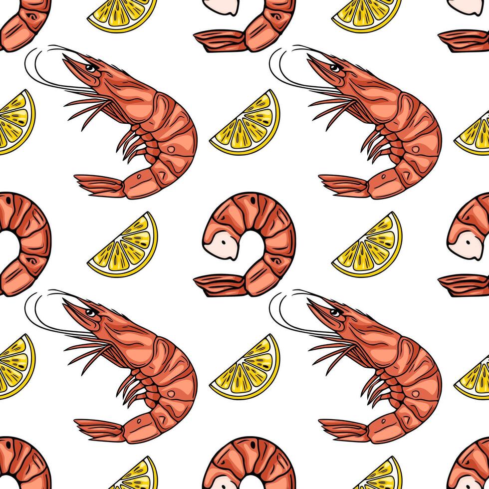 Seamless pattern of handdrawn shrimps and lemon slices, vibrant illustration for culinary design. vector