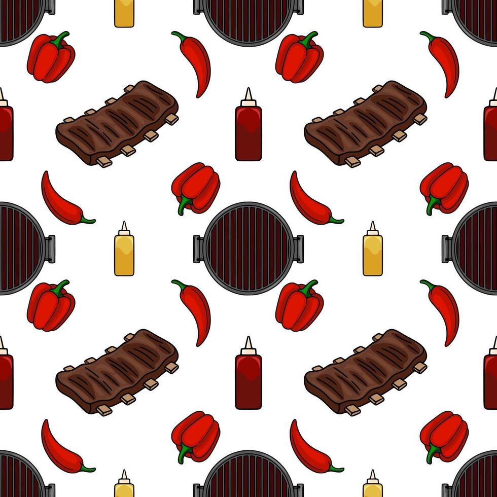 Seamless pattern of grilled ribs, barbecue grill, red bell peppers, chili peppers and sauces, perfect for summer BBQ menus or food packaging design. vector