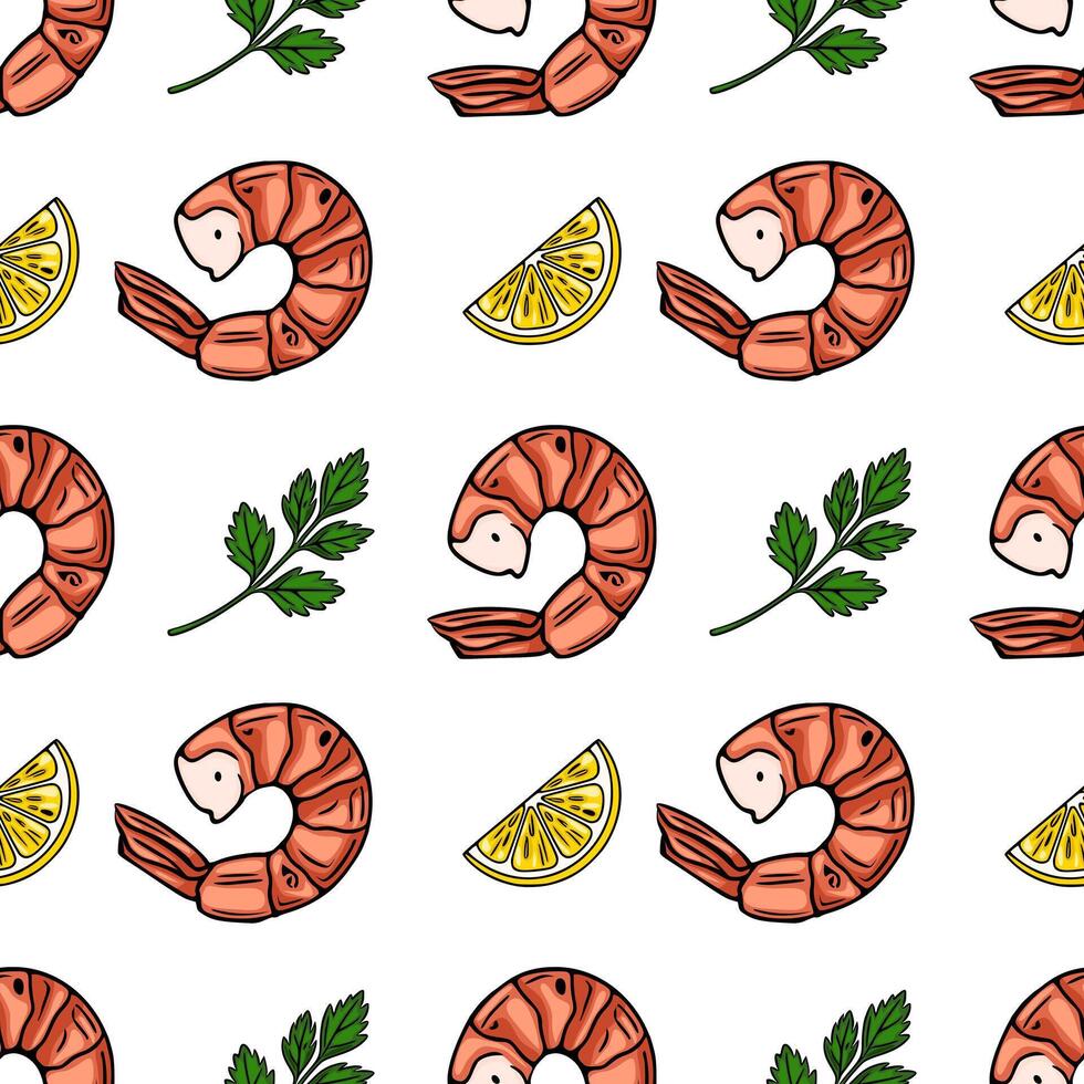 Seamless pattern of handdrawn shrimps, lemon slices, and parsley sprigs, creating a vibrant and appetizing design for culinarythemed projects. vector