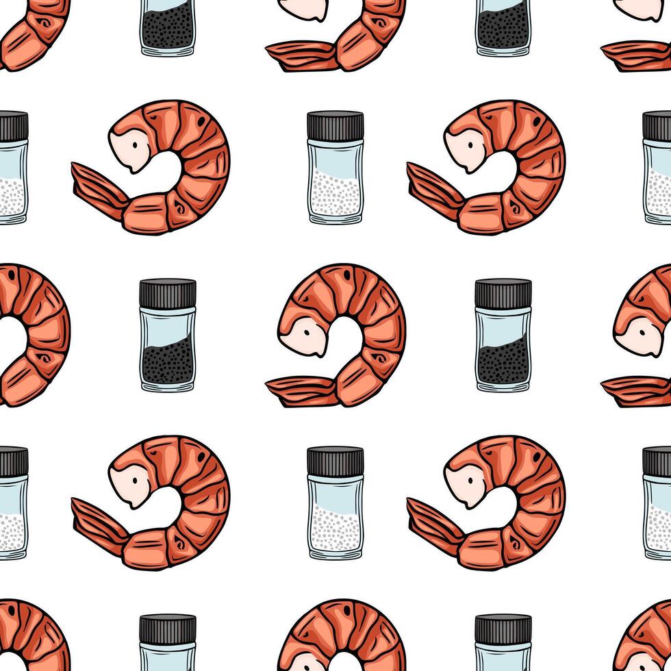 Seamless pattern of handdrawn grilled shrimps and spices in glass jars, featuring a vibrant color palette and a playful, appetizing style, perfect for food packaging or culinary designs. vector