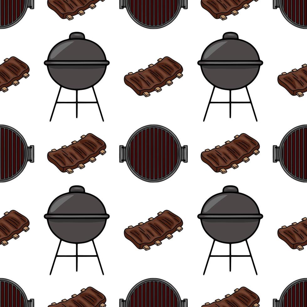 Seamless pattern featuring handdrawn illustrations of BBQ grills and delicious grilled ribs, perfect for summerthemed designs and foodrelated projects. vector