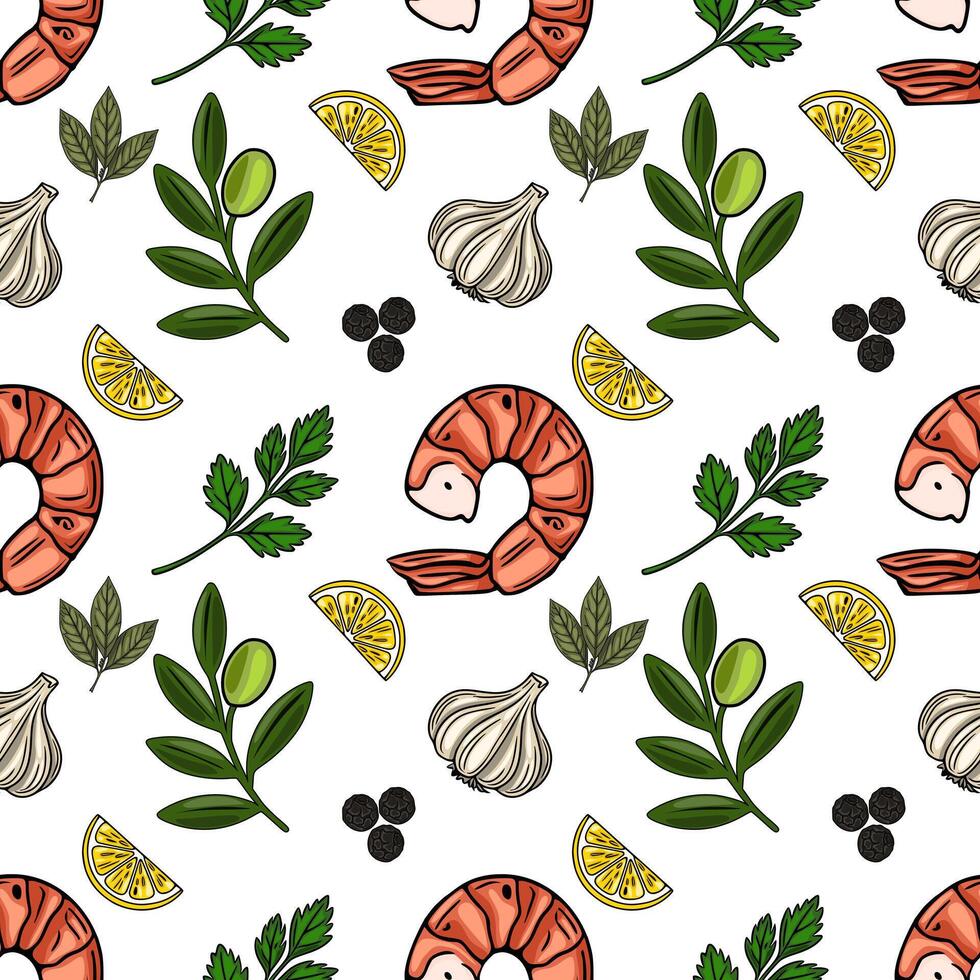 Seamless pattern of handdrawn shrimps, lemon slices, garlic, olives, parsley, and peppercorns, creating a vibrant and appetizing culinary illustration perfect for foodrelated designs. vector