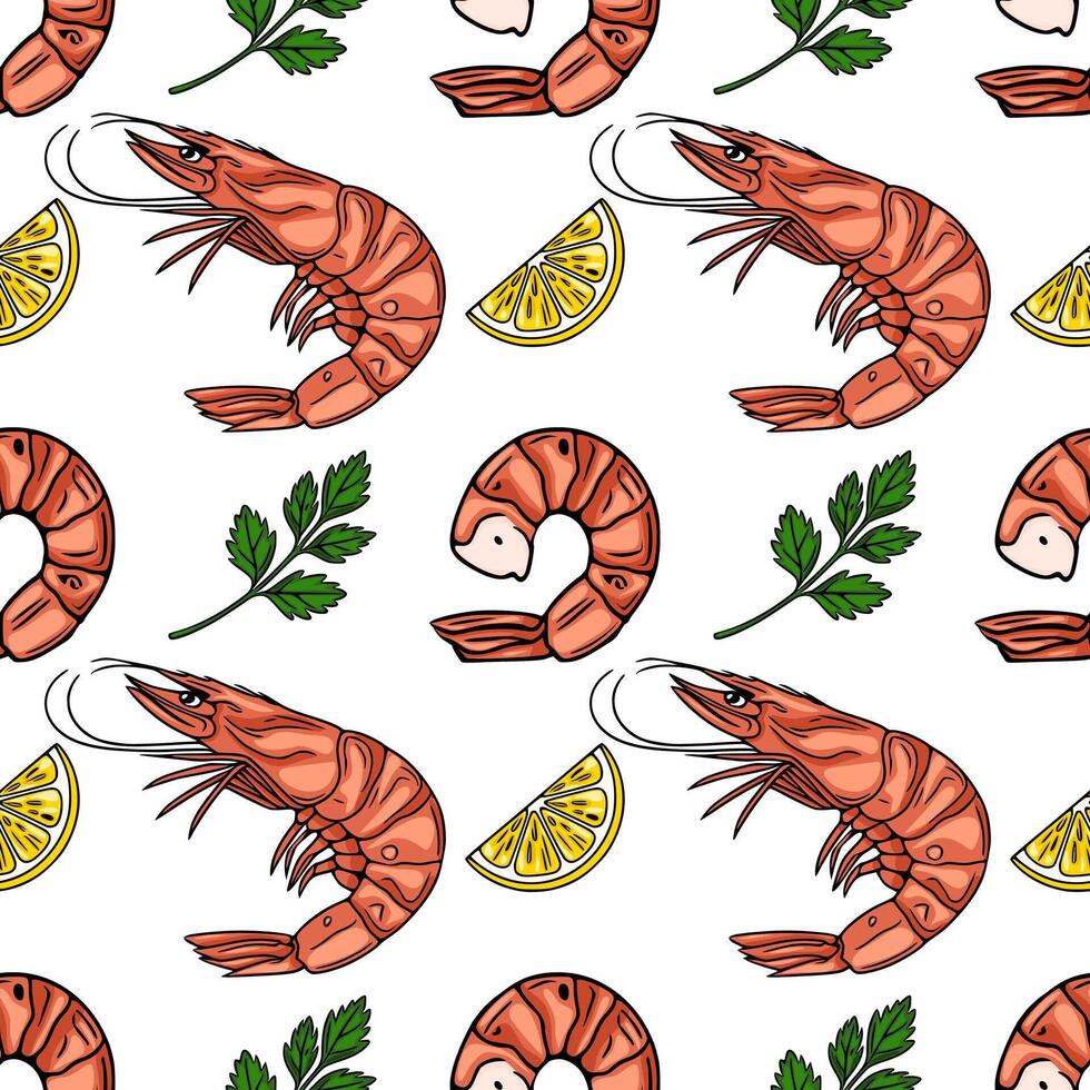 Seamless pattern of delicious shrimps, lemon slices, and parsley sprigs, perfect for restaurant menus or seafood packaging design. vector