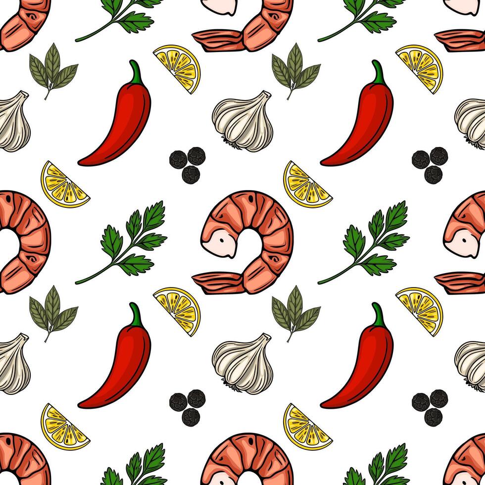 Seamless pattern of grilled shrimps, lemon slices, chili peppers, garlic, parsley, and black peppercorns, creating a vibrant and appetizing culinary illustration. vector