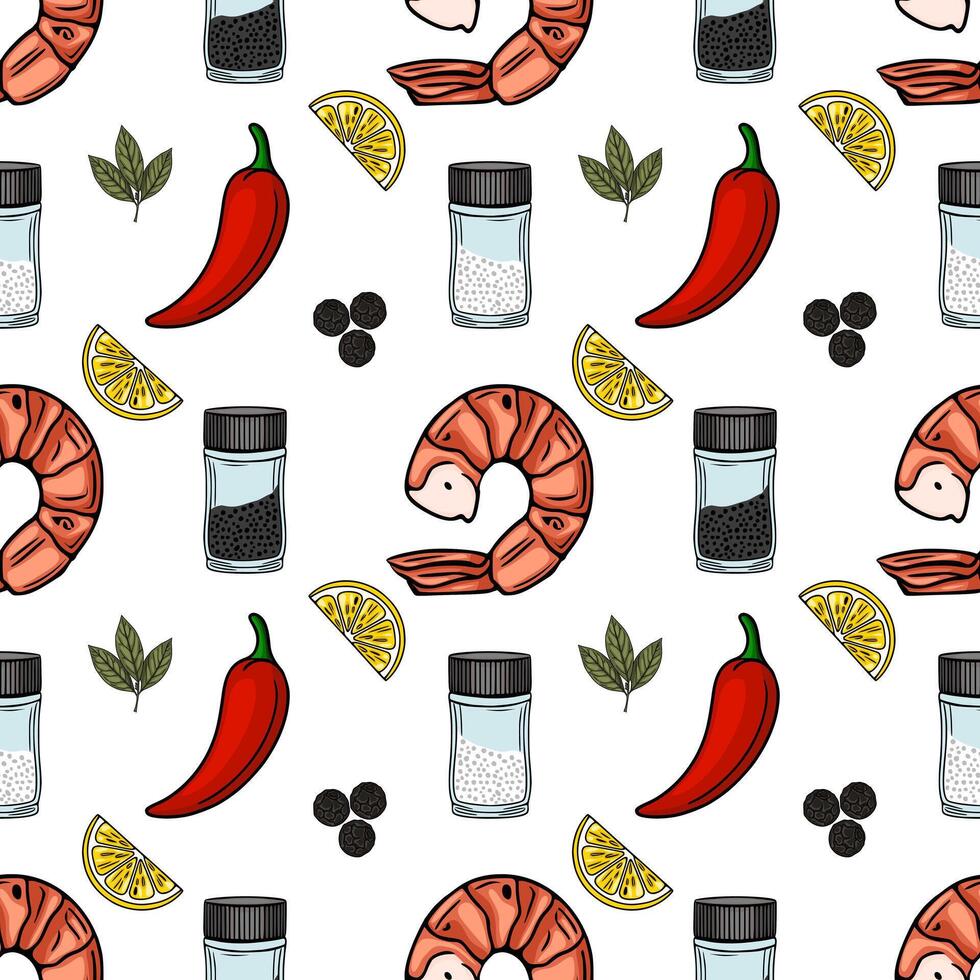 Seamless pattern of grilled shrimp, lemon slices, chili peppers, bay leaves, salt, and peppercorns, creating a vibrant and appetizing culinary design. vector