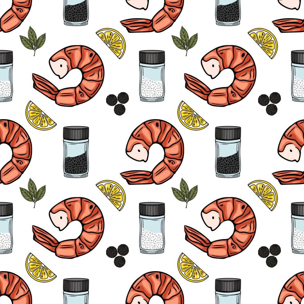 Seamless pattern of grilled shrimps, lemon slices, peppercorns, and salt shakers, creating a vibrant and appetizing food illustration perfect for culinary designs. vector