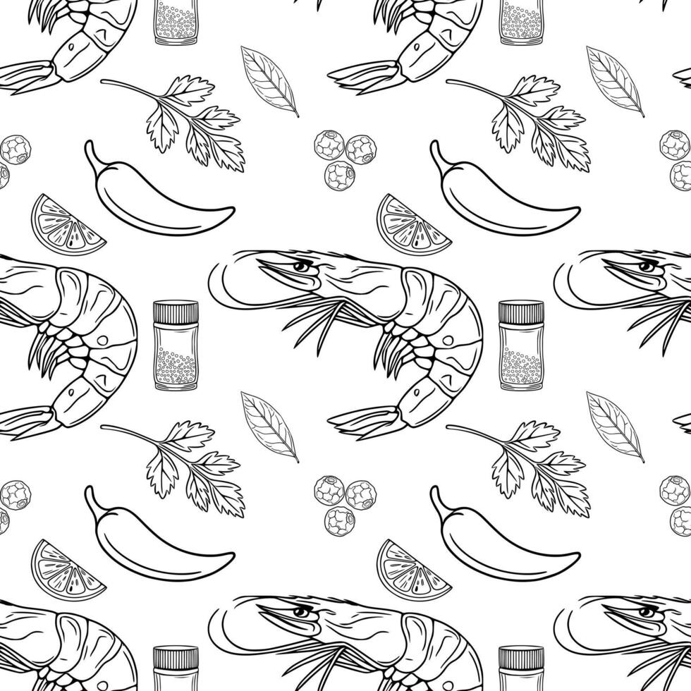 Seamless outline pattern of handdrawn shrimps, spices, and citrus slices, creating a culinarythemed design perfect for food packaging or restaurant menus. vector