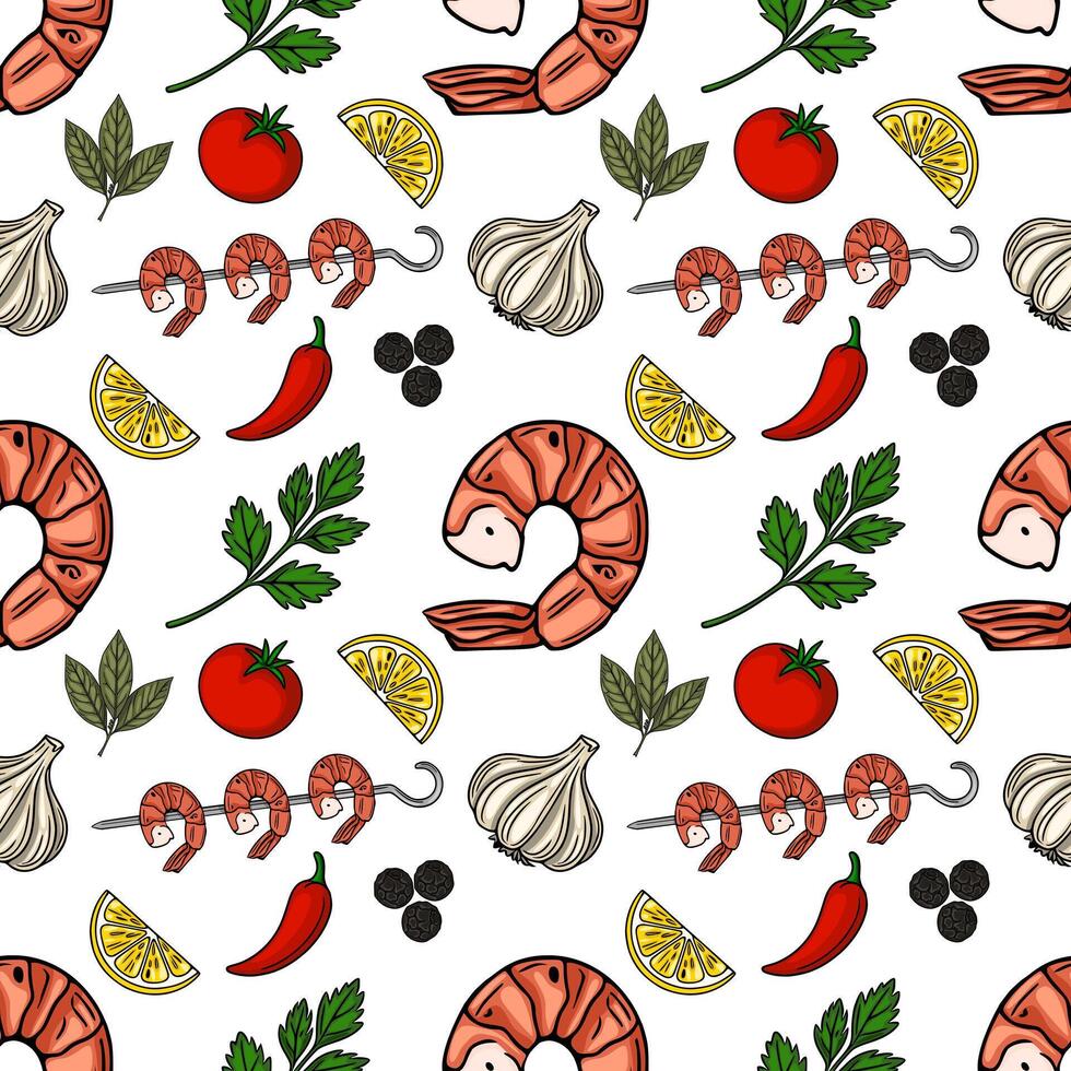 Seamless pattern of grilled shrimp, lemon slices, garlic, chili peppers, parsley, and black peppercorns, creating a vibrant and appetizing food illustration perfect for culinary designs. vector