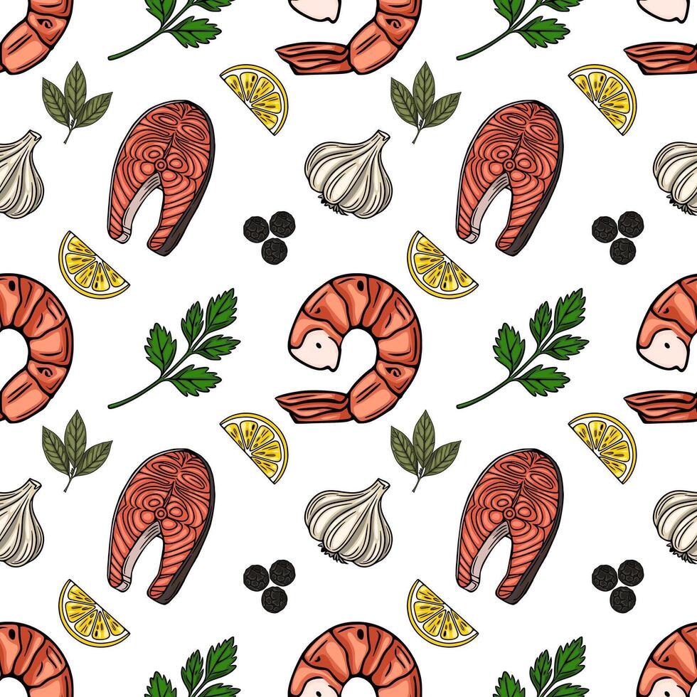 Seamless pattern of handdrawn grilled shrimp, salmon steaks, lemon slices, garlic, parsley, and peppercorns, creating a vibrant culinary illustration. vector