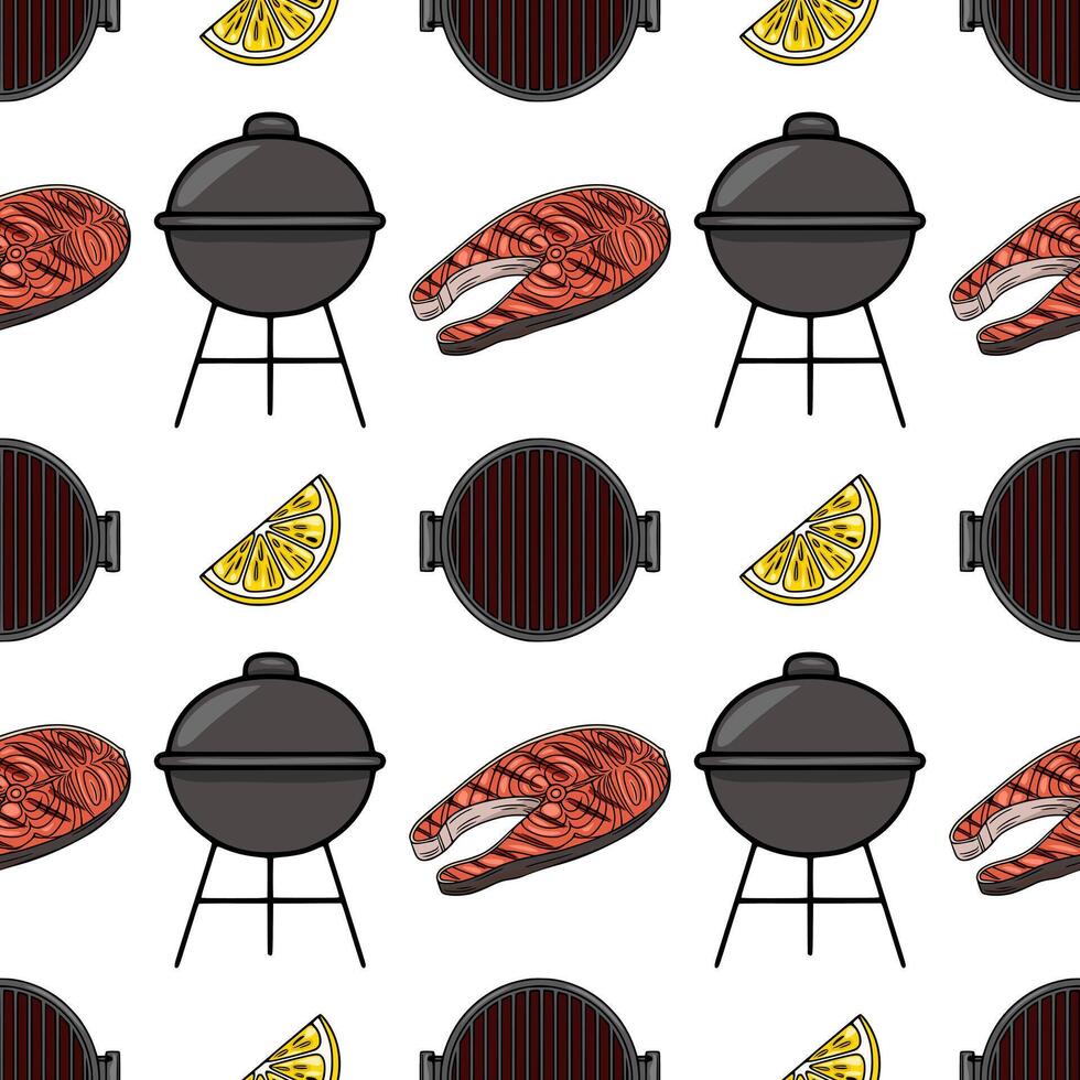 Seamless pattern featuring a cheerful illustration of a summer BBQ with grilled salmon steaks, lemon slices, and charcoal grills, perfect for food blogs, restaurant menus, or summerthemed d... vector