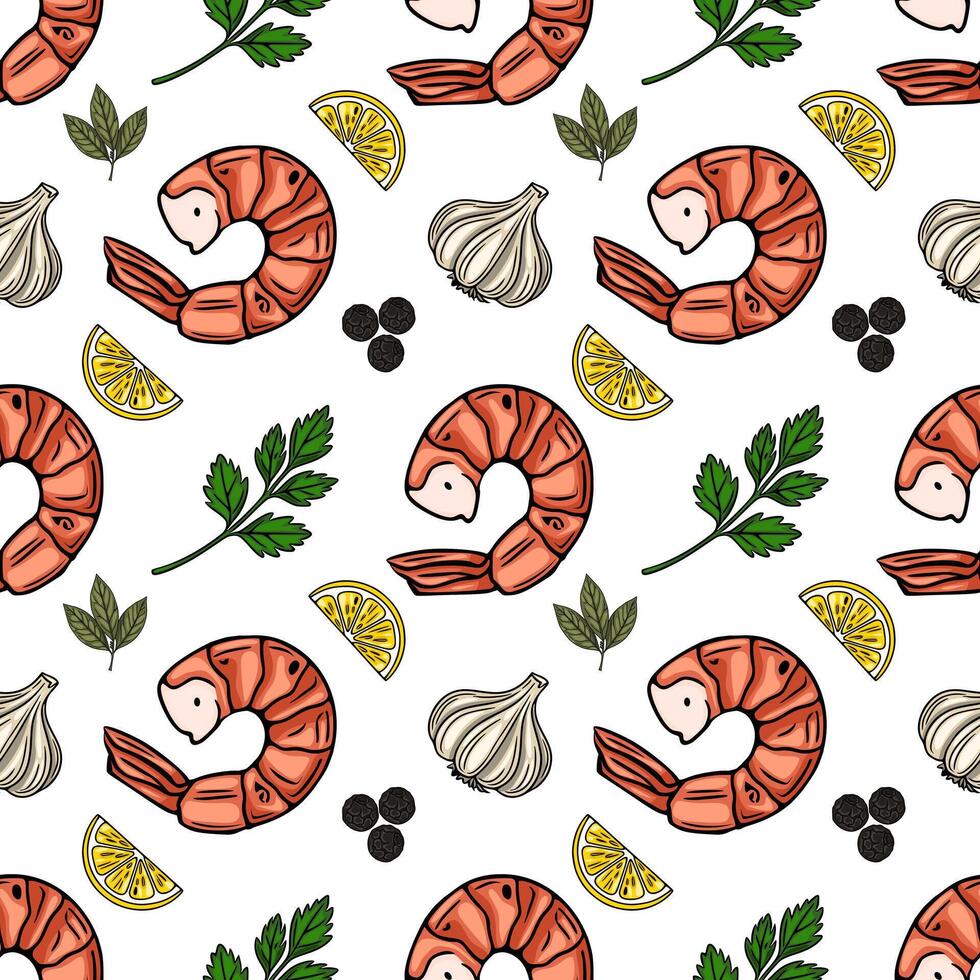 Seamless pattern of handdrawn shrimps, garlic, lemon slices, parsley, and black peppercorns, ideal for food packaging or culinary designs. vector
