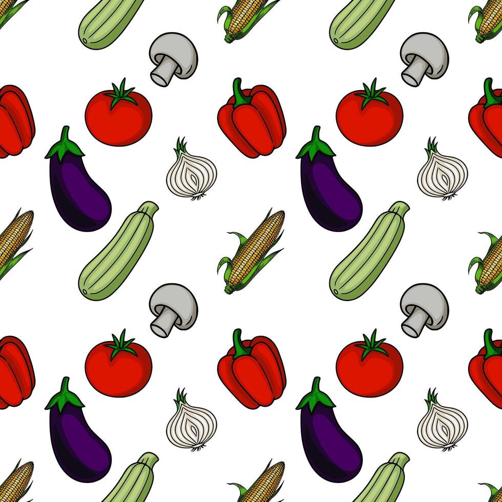 Seamless pattern of handdrawn vegetables zucchini, corn, mushrooms, tomatoes, bell peppers, eggplants, and garlic, creating a vibrant and fresh kitchenthemed design. vector
