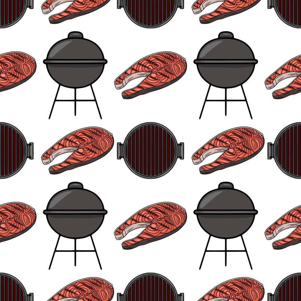 Seamless pattern of grilled salmon steaks and charcoal grills, a vibrant illustration perfect for summer BBQ themes and food packaging design. vector