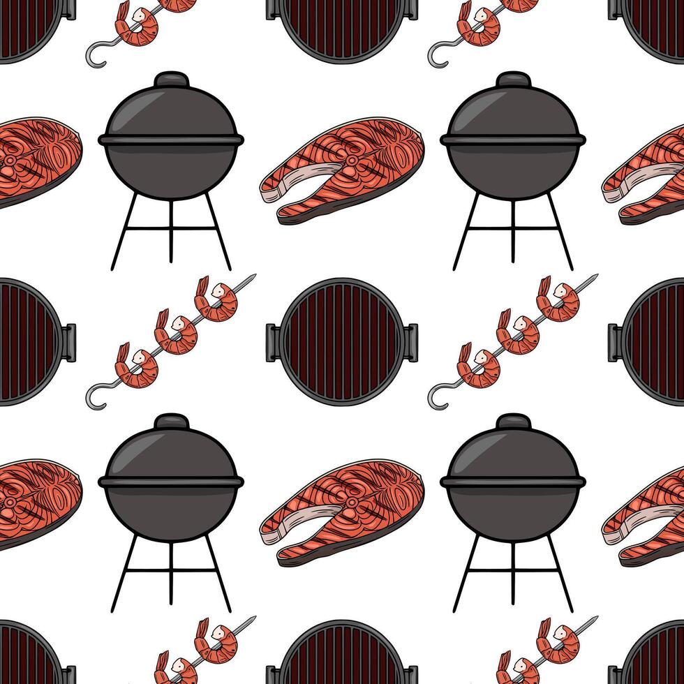 Seamless pattern of grilled salmon steak, shrimps on skewers, and charcoal grill, featuring a vibrant cartoon style with contrasting orange and dark gray colors, perfect for summer BBQ or se... vector