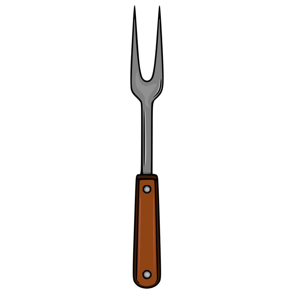 A detailed illustration of a barbecue fork with a brown wooden handle and two sharp prongs, isolated on a white background. vector