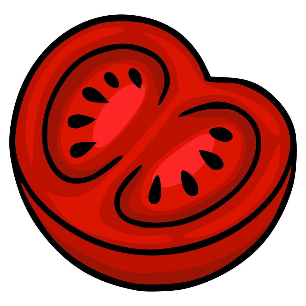 A vibrant illustration of a halved tomato, showcasing a stylized, cartoonish rendering with bold red hues and black outlines, ideal for food related designs. vector