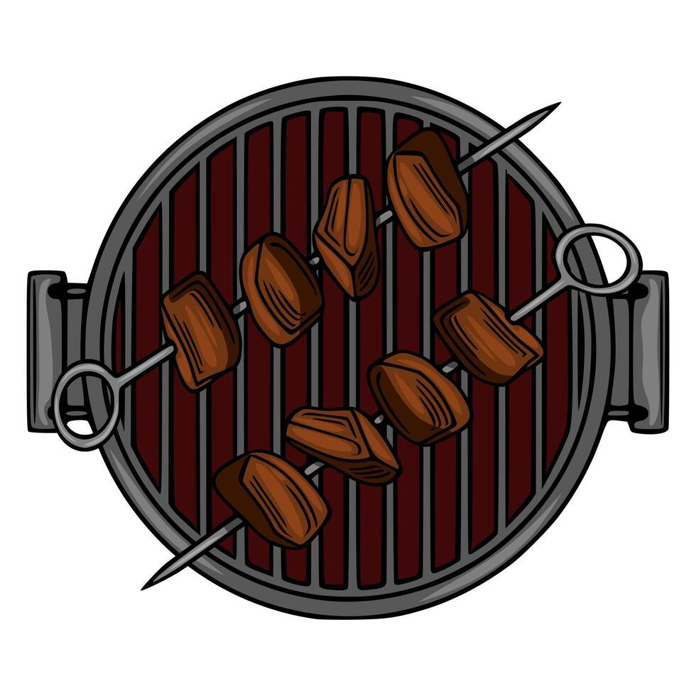 Delicious illustration of two skewers of grilled meat on a round barbecue grill, top view, isolated on white background. vector