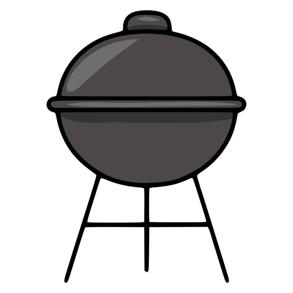 A illustration of a spherical charcoal grill on a simple stand, depicted in dark gray tones with bold black outlines, conveying a minimalist and slightly cartoonish style. vector
