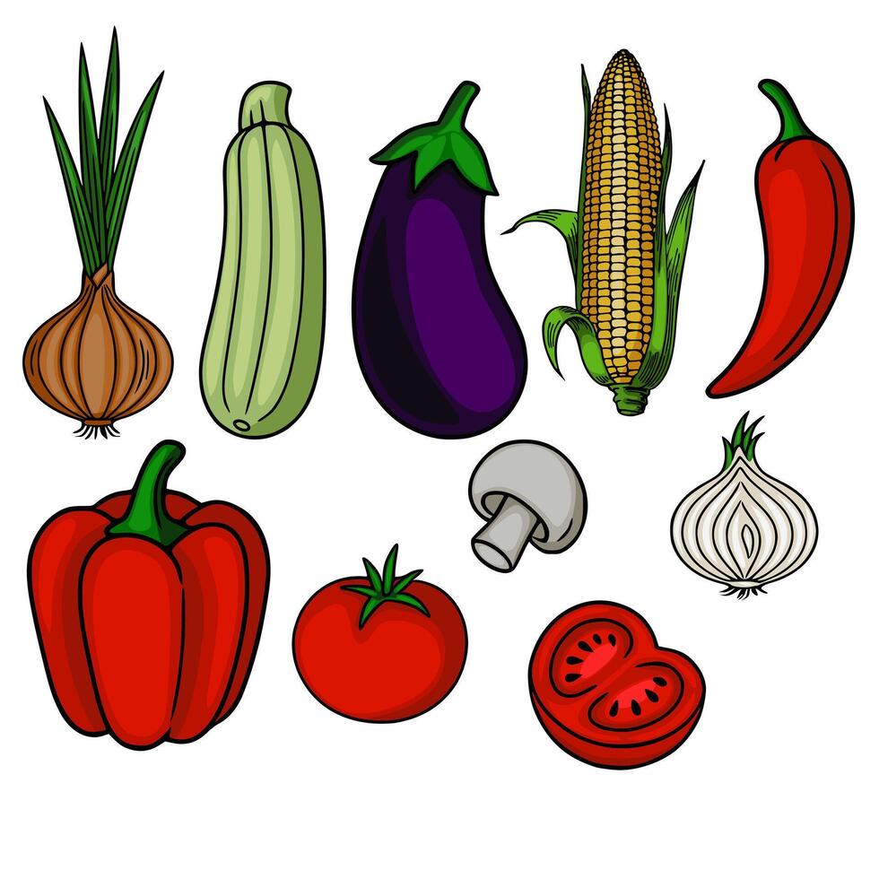 Vibrant illustration of a diverse collection of hand drawn vegetables, including zucchini, eggplant, corn, chili pepper, onion, garlic, bell pepper, tomato, and mushroom, showcasing a lively... vector
