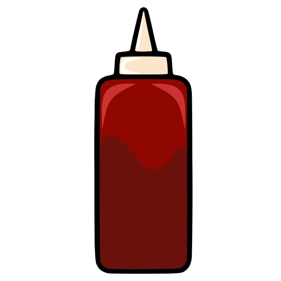 This illustration showcases a stylized bottle of dark red sauce or condiment, featuring a pointed cap and a subtly wavy fill line, suggesting a smooth, viscous texture. vector