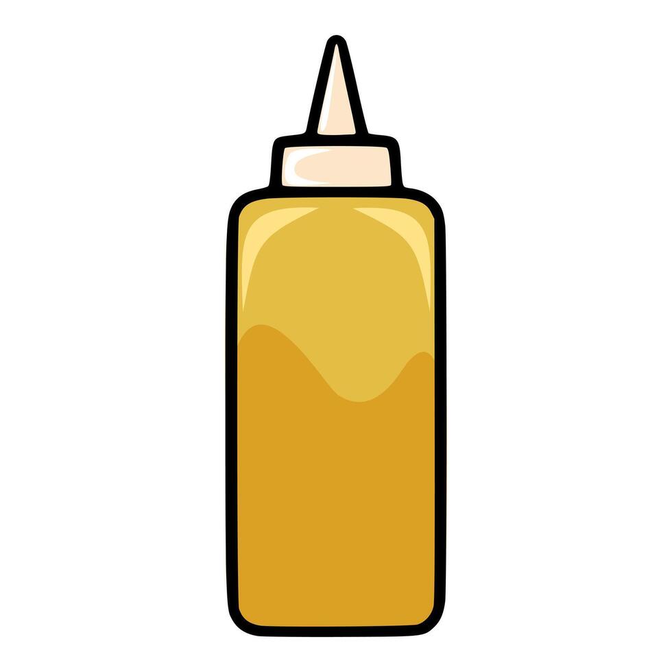 A illustration of a mustard bottle with a pointed cap, showcasing a simple yet appealing cartoon style with a golden yellow color scheme. vector
