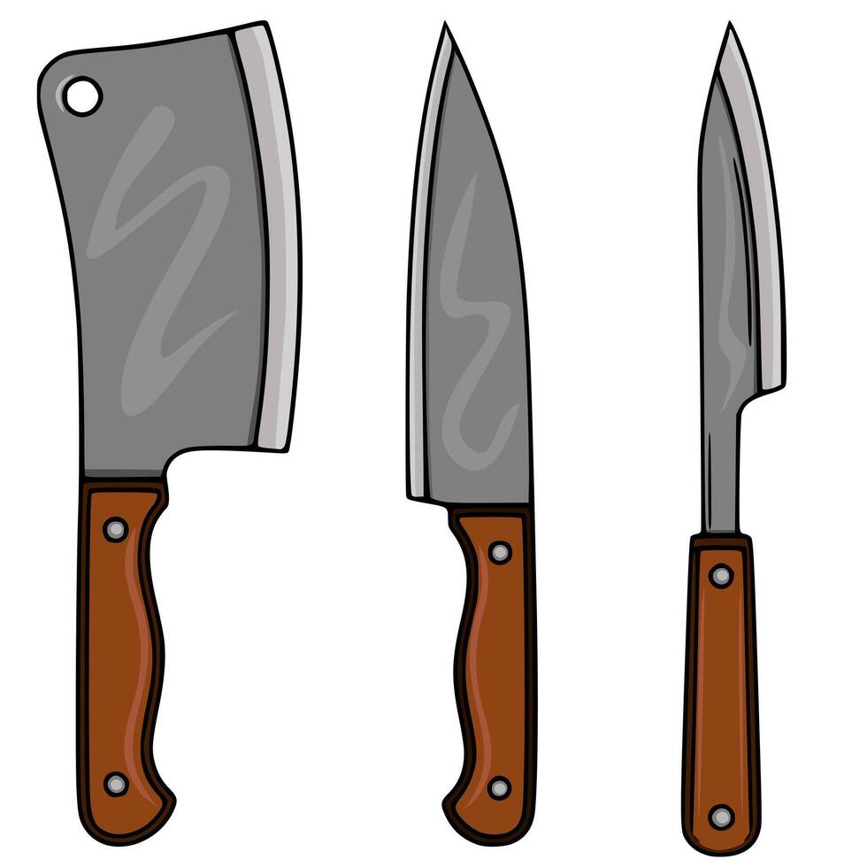 A illustration featuring three distinct kitchen knives a cleaver, a chefs knife, and a paring knife, each with a brown wooden handle, set against a clean white background. vector