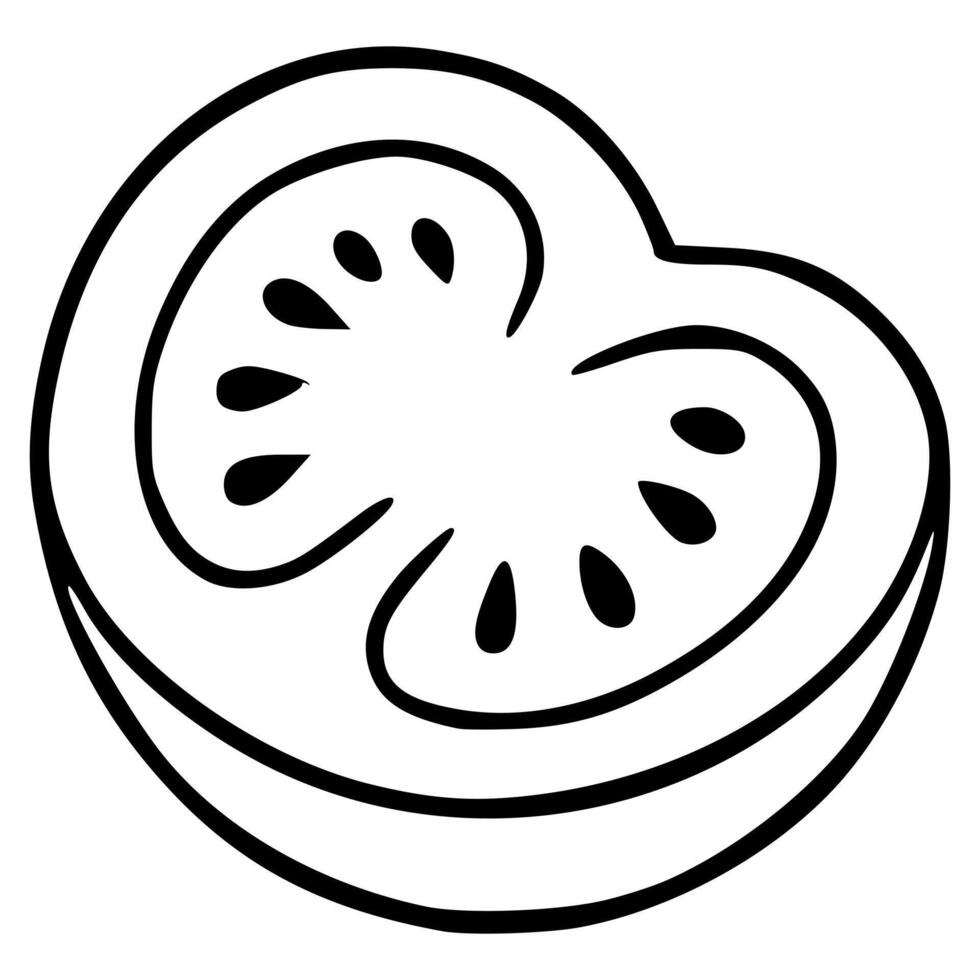A illustration of a halved tomato, showcasing a simplistic black line art style with detailed seed representation, ideal for culinary designs or food related projects. vector