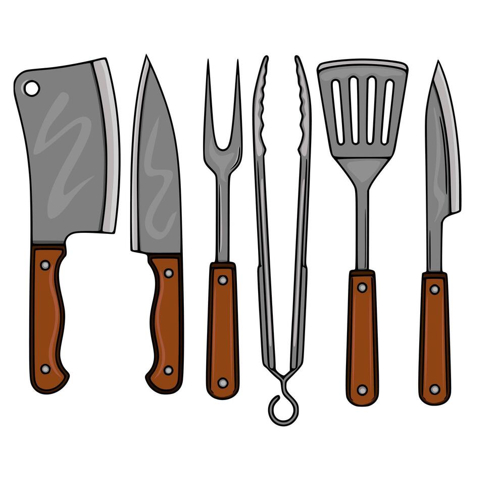 A illustration featuring a set of six meticulously detailed barbecue tools, including a cleaver, chefs knife, carving fork, tongs, spatula, and paring knife, all with brown handles, set aga... vector