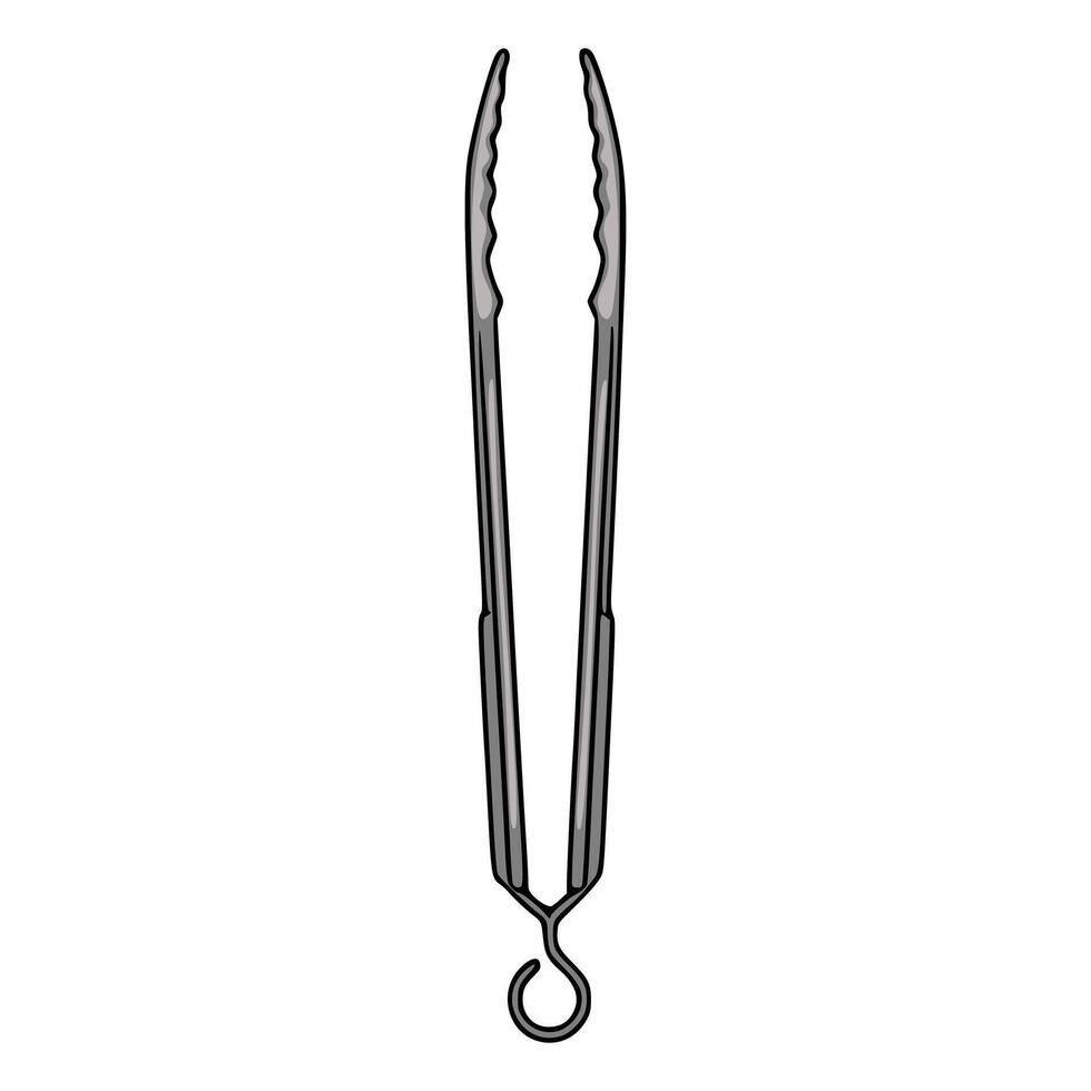 Detailed illustration of a metallic kitchen tongs with a hanging hook, featuring serrated gripping edges for precise food handling. vector