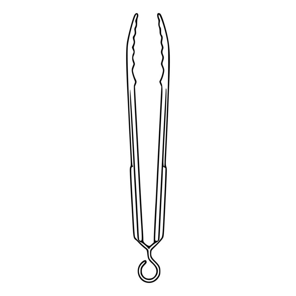 A detailed illustration of a kitchen utensil, specifically a pair of tongs with serrated gripping edges and a hanging loop, presented in a minimalist black line art style against a white bac... vector