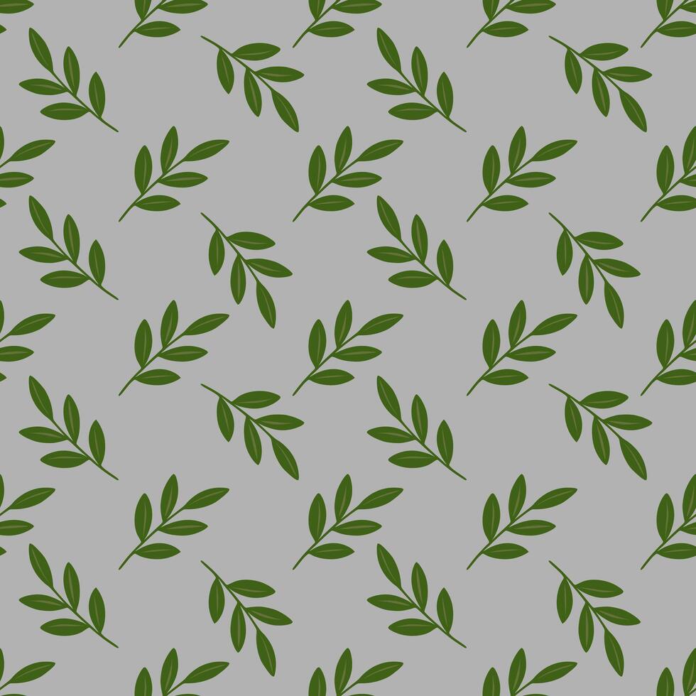 Seamless pattern of stylized green leaves on a light gray background, creating a minimalist and organic design. vector