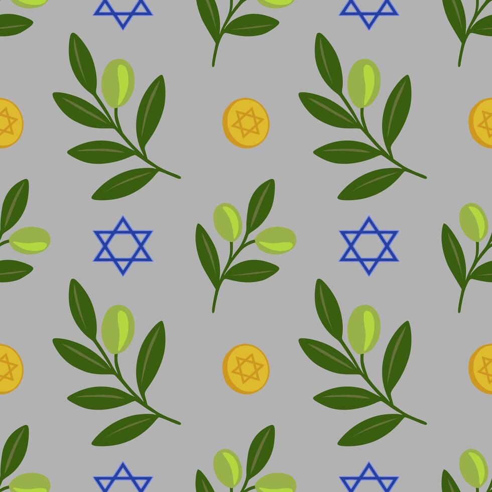 Seamless pattern featuring olive branches, Star of David symbols, and gold coins, creating a festive Hanukkah design with a muted grey background. vector