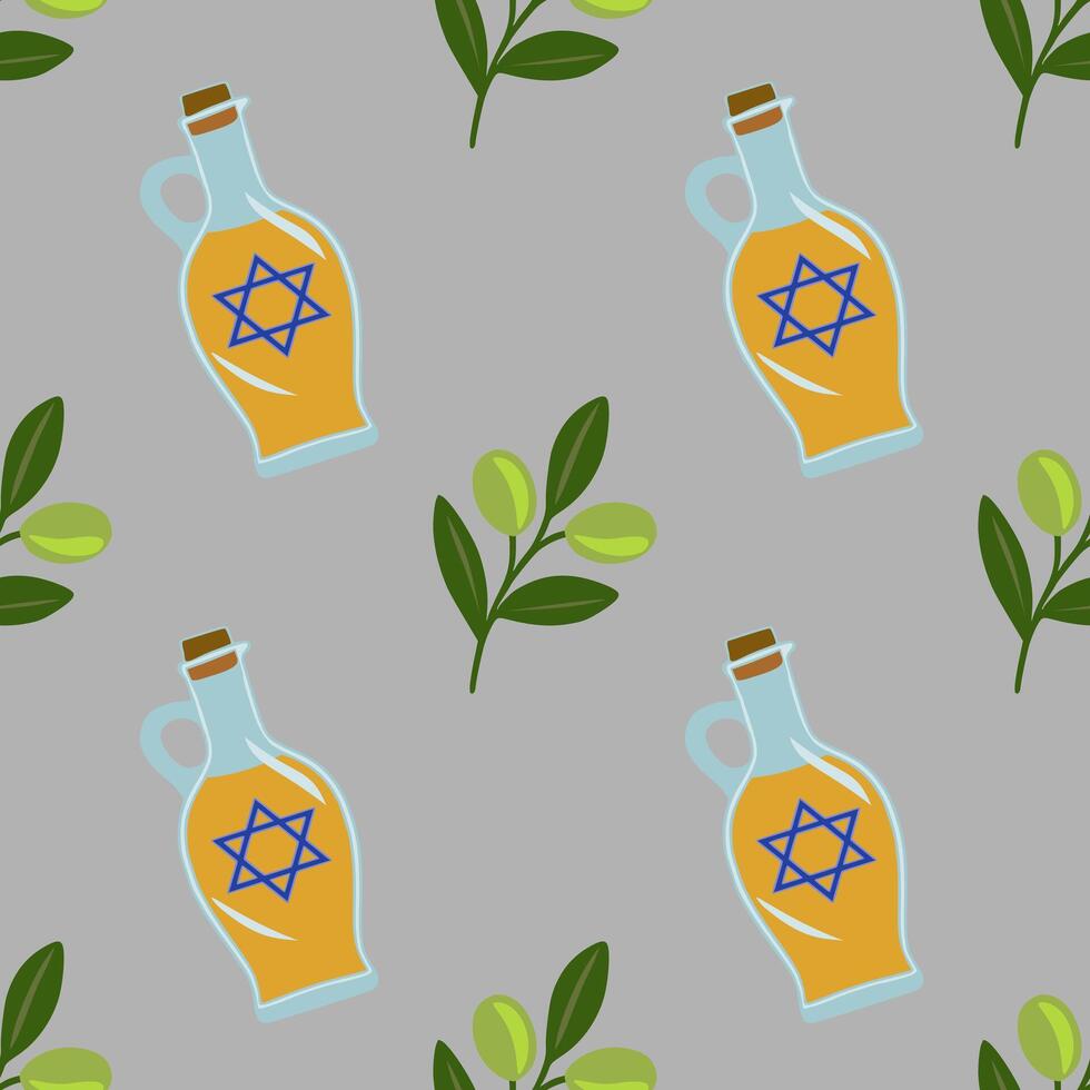 Seamless pattern of olive oil bottles with Star of David and olive branches, perfect for Hanukkah or Jewish holiday designs. vector