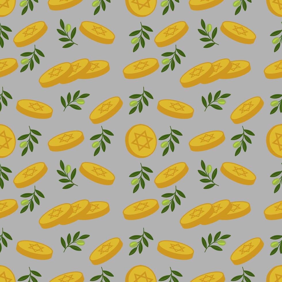 Seamless pattern of golden Hanukkah gelt coins with Star of David and olive branches on a gray background, perfect for festive backgrounds and designs. vector