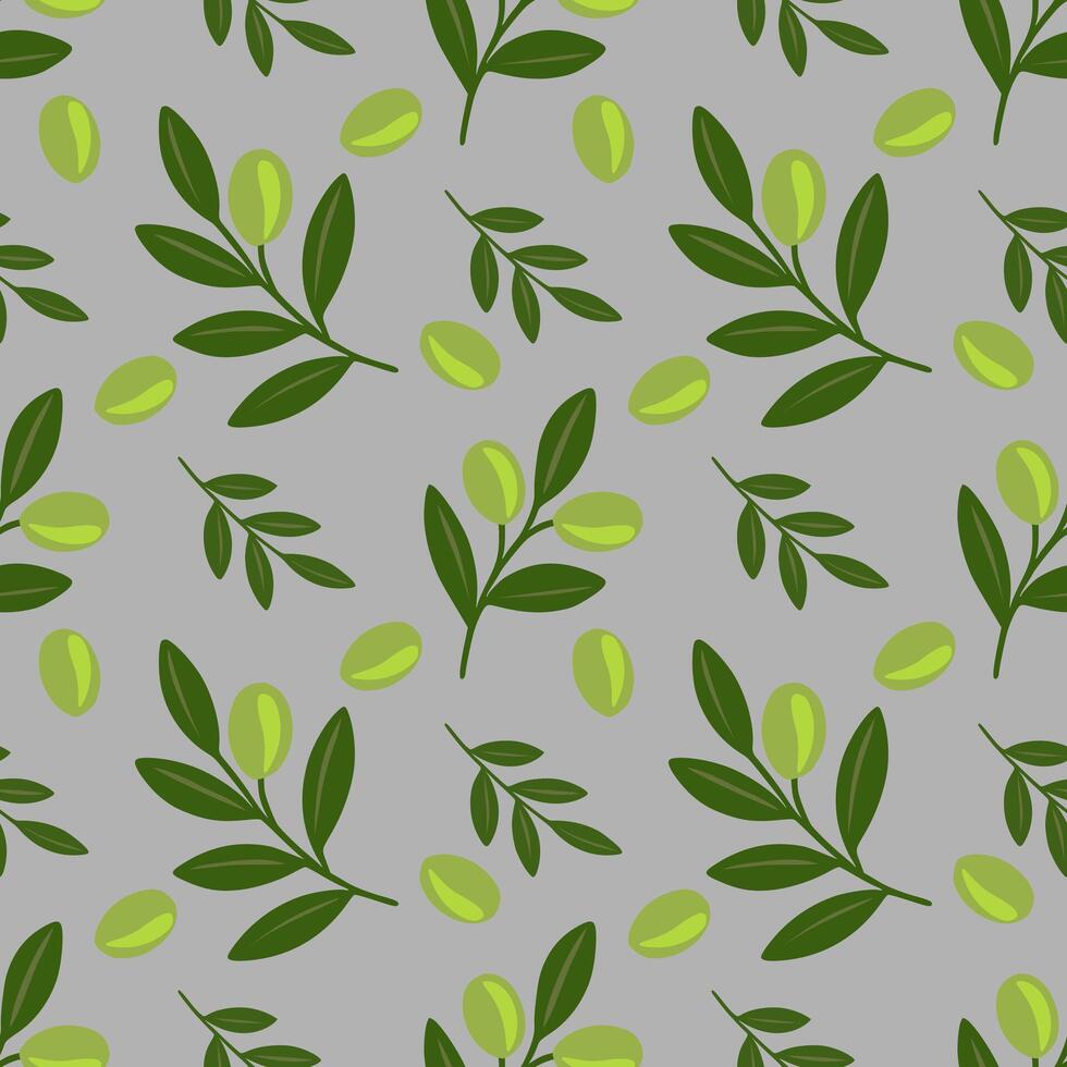 Seamless pattern of stylized olive branches and olives on a grey background, featuring a unique blend of dark and light green hues for a fresh and natural design. vector