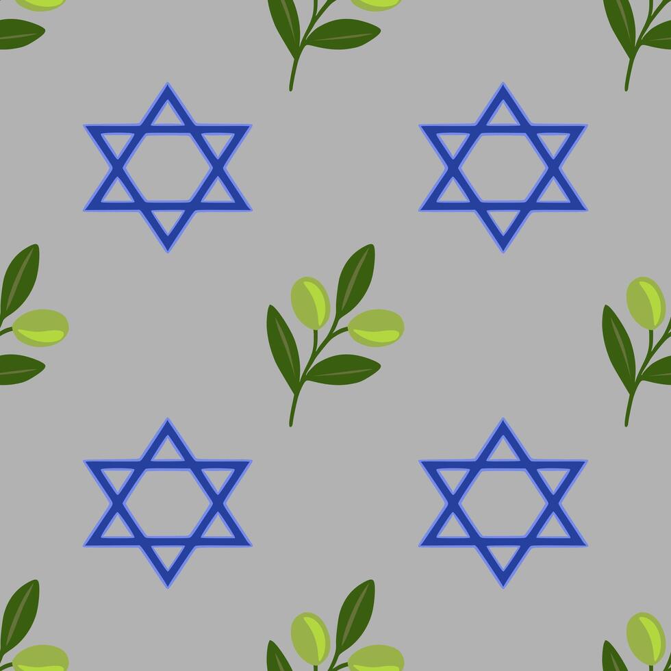 Seamless pattern featuring the Star of David and olive branches, a symbolic design for Hanukkah or Jewish celebrations, with a muted grey background and vibrant green and blue tones. vector