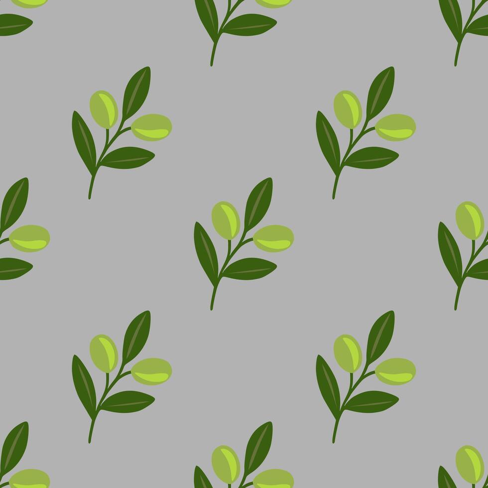 Seamless pattern of stylized olive branches with green olives and leaves on a grey background, perfect for design or wrapping paper. vector