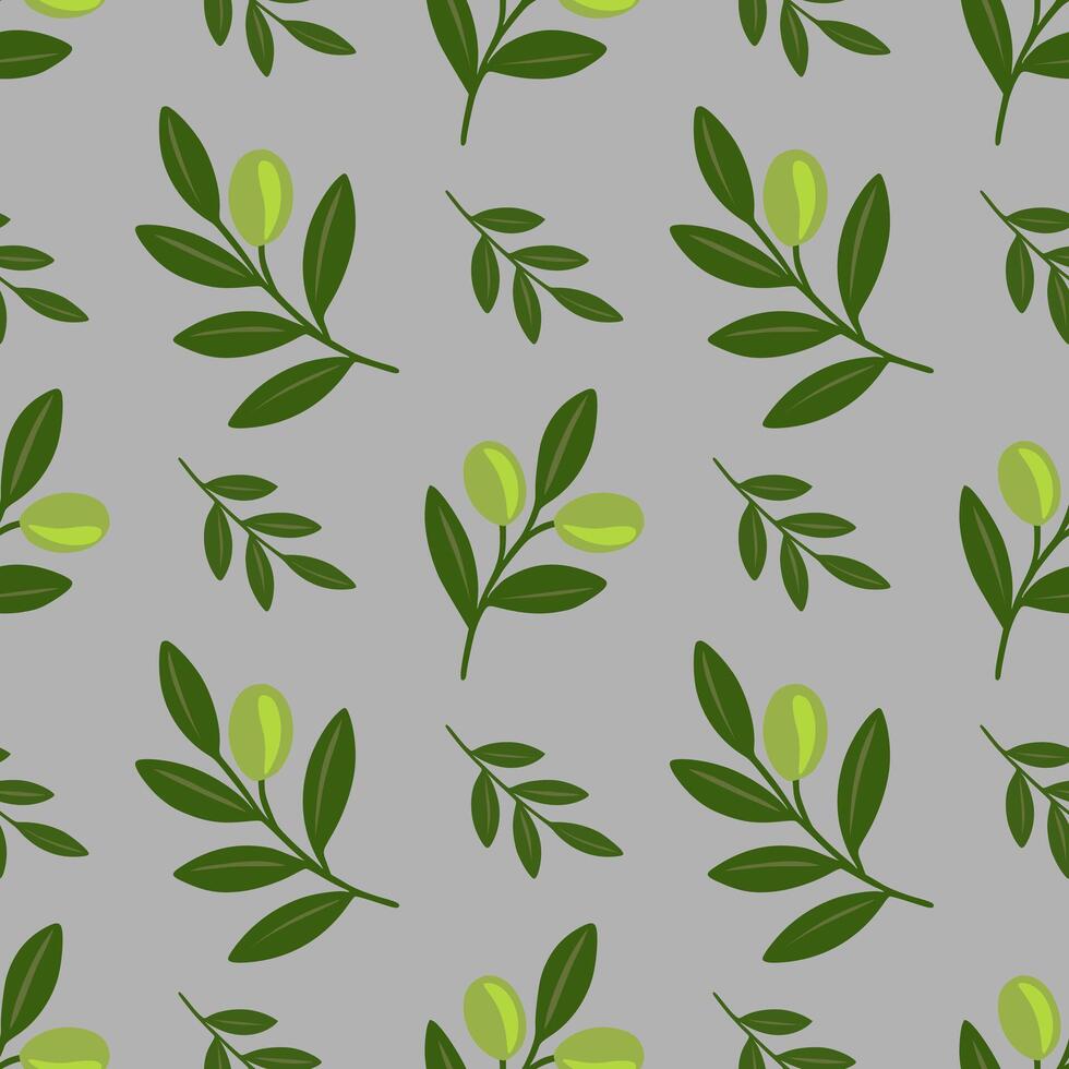 Seamless pattern of stylized olive branches with light green olives and dark green leaves on a gray background, creating a fresh and natural design. vector