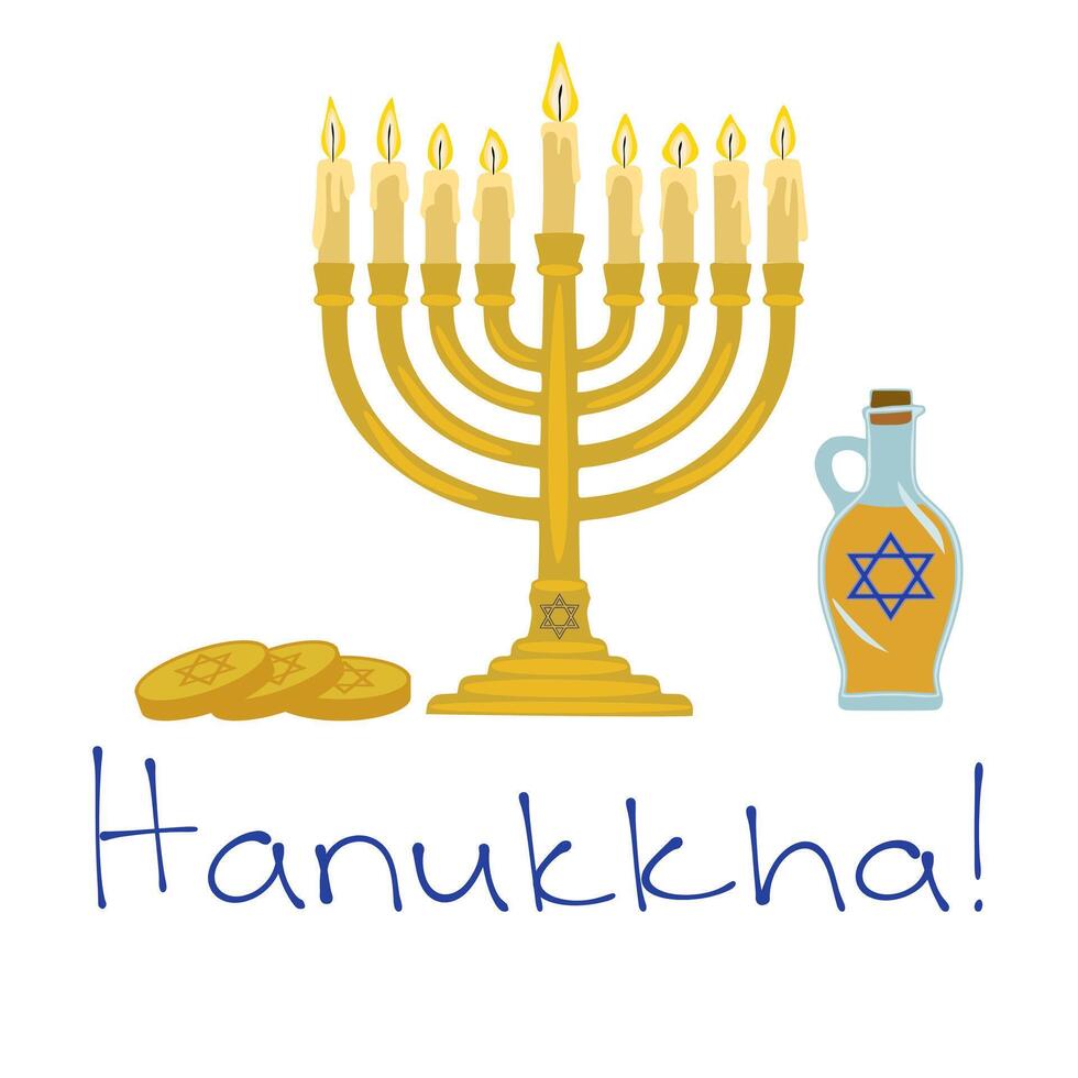 Festive Hanukkah illustration featuring a menorah, oil bottle, and latkes, perfect for holiday cards or decorations. vector