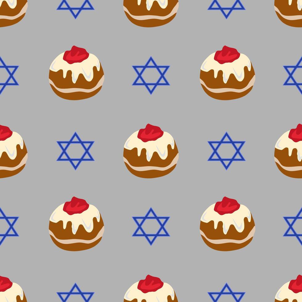 Seamless pattern featuring Sufganiyot and Star of David, perfect for Hanukkah celebrations, with a unique handdrawn style and muted color palette. vector
