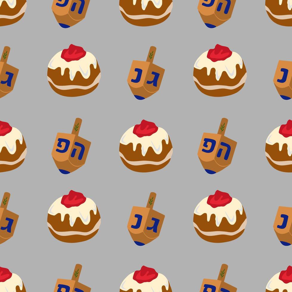 Seamless pattern featuring stylized illustrations of Hanukkah sufganiyot and dreidels, designed in a flat style with a muted grey background and warm brown and red tones, perfect for festive... vector
