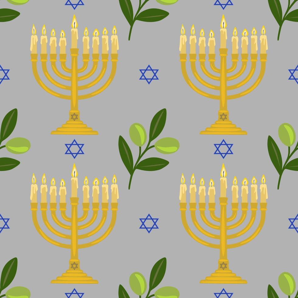 Seamless pattern featuring golden menorahs with lit candles, olive branches, and Star of David symbols on a gray background, perfect for Hanukkah celebrations. vector