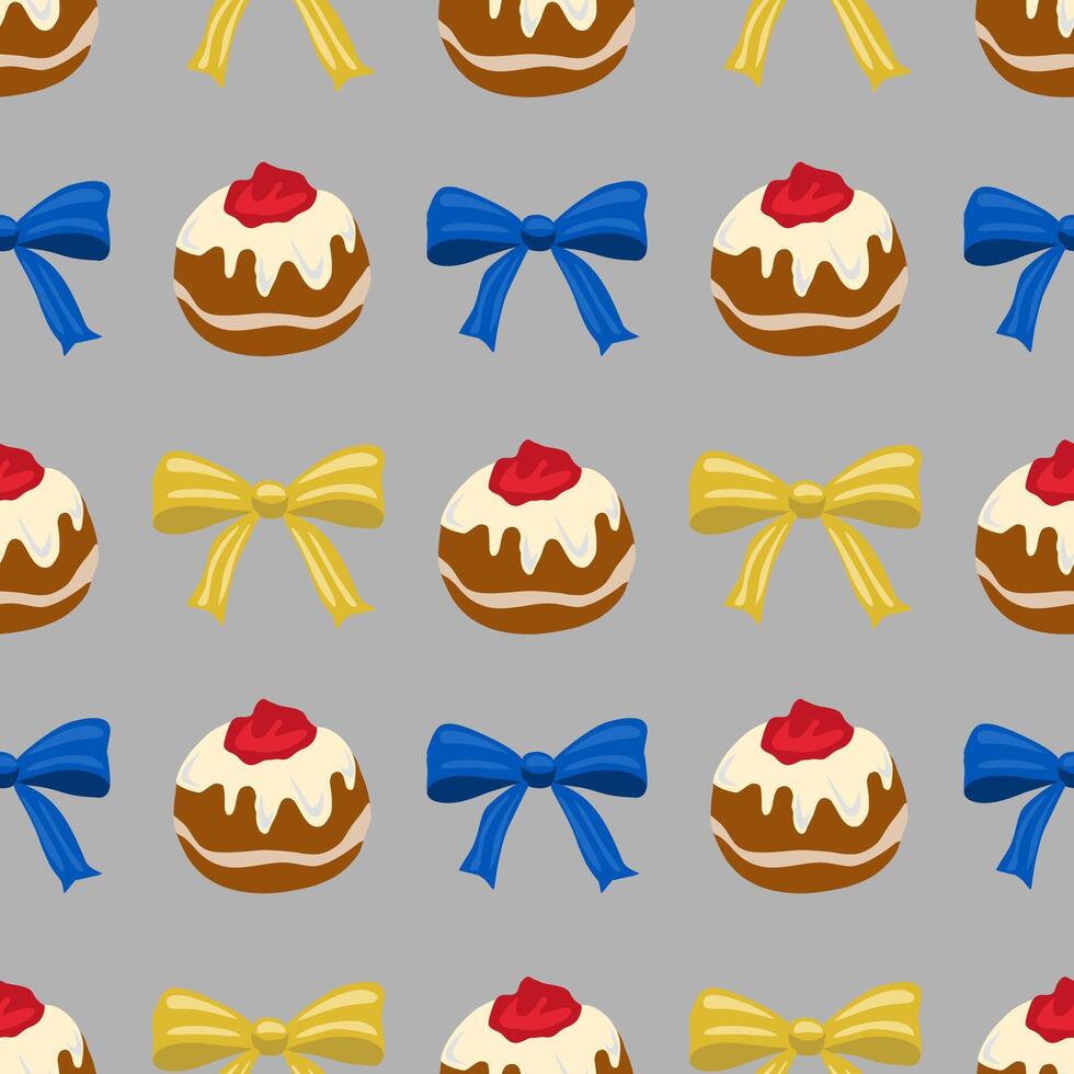 Seamless pattern featuring Sufganiyot with red jelly filling, topped with white icing, and blue and yellow bows on a grey background, perfect for Hanukkah celebrations. vector
